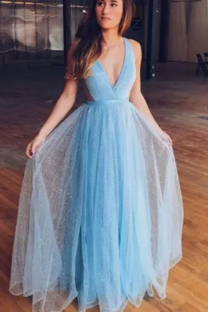 sleeveless plunging V neck sky blue prom dress