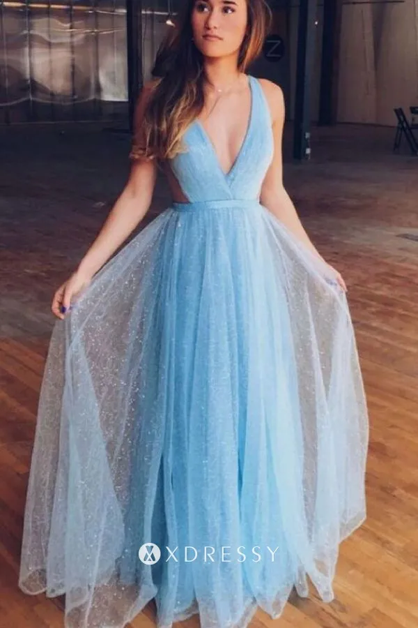 sleeveless plunging V neck sky blue prom dress sleeveless plunging V neck sky blue prom dress