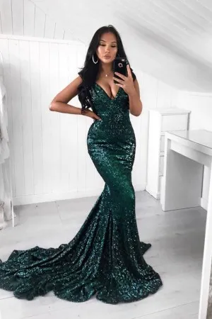 V neck hunter green sequin mermaid long prom dress