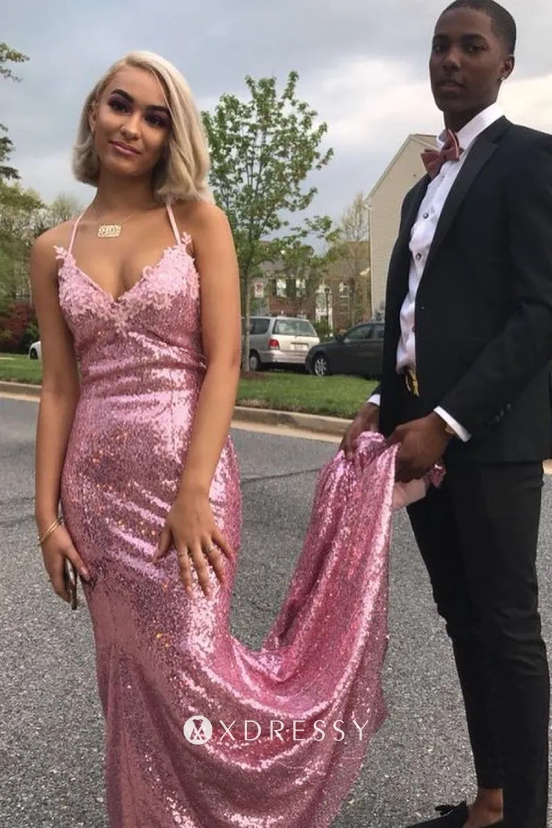 Pink Sequin V-neck Mermaid Long Train 