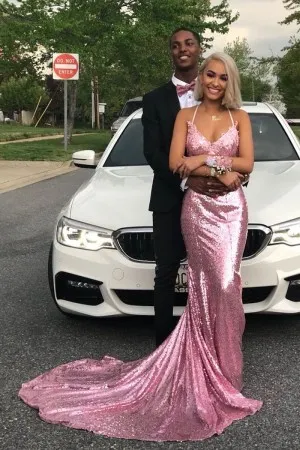 pink sequin V neck mermaid long train prom dress