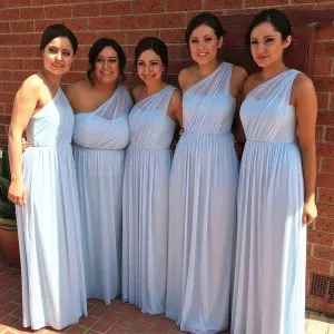 one shoulder light blue chiffon bridesmaid dresses