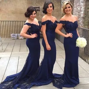 scalloped off the shoulder navy bridesmaid dresses