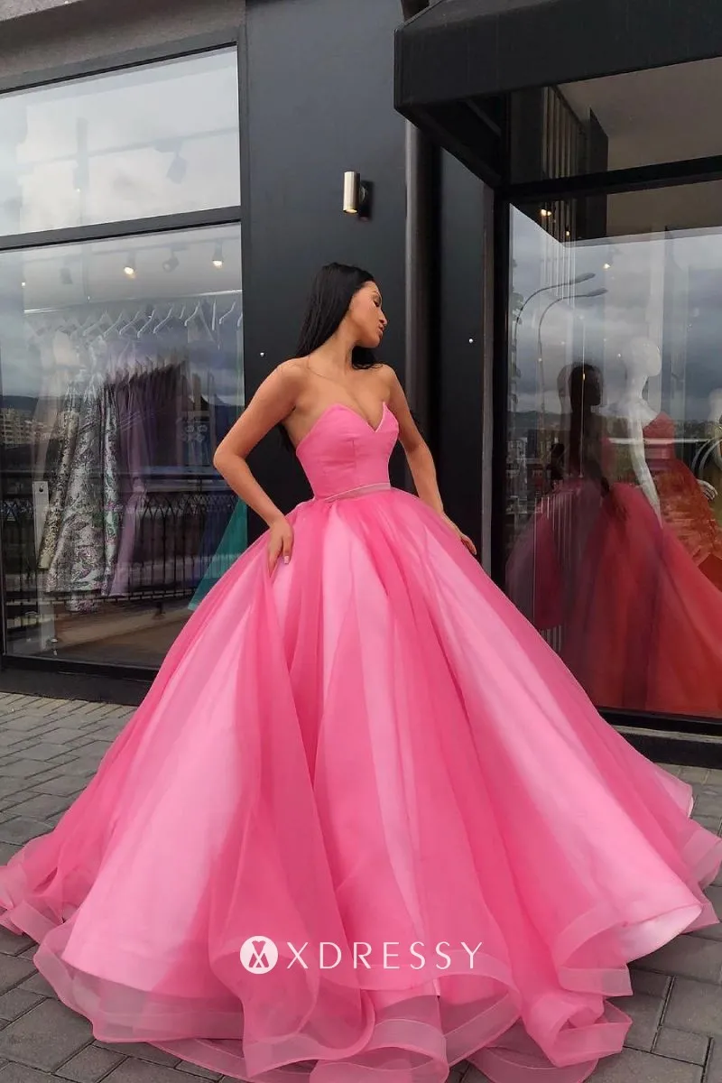 strapless V neck pink tulle prom ball gown strapless V neck pink tulle prom ball gown