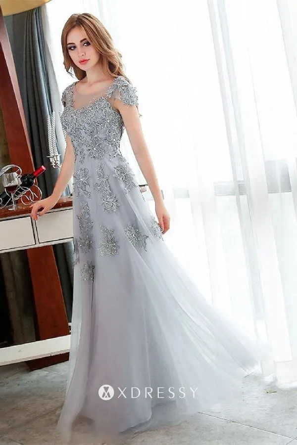cap sleeve gray beaded lace appliqued tulle formal gown
