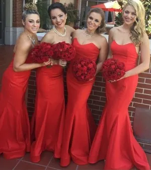strapless red low back mermaid bridesmaid dresses