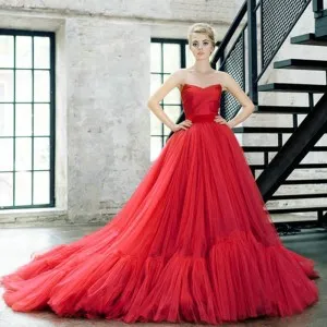 gorgeous red satin tulle long formal ball gown