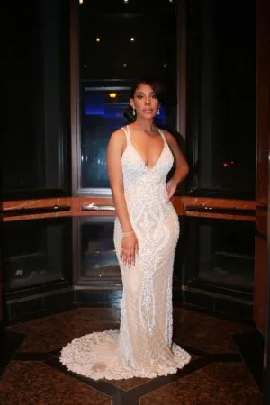 champagne dress with black lace overlay