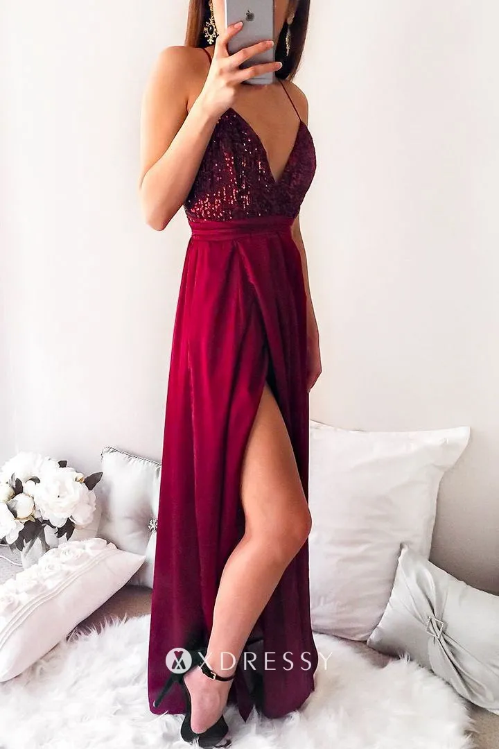 thigh high slit wine sequin chiffon plunge V neck prom dress thigh high slit wine sequin chiffon plunge V neck prom dress