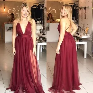 plunging V neck slit backless burgundy prom dress