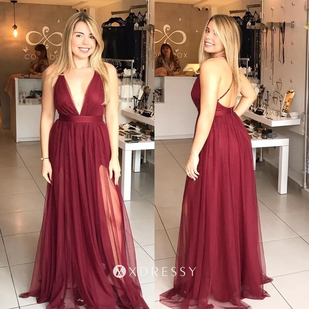 plunging V neck slit backless burgundy prom dress plunging V neck slit backless burgundy prom dress