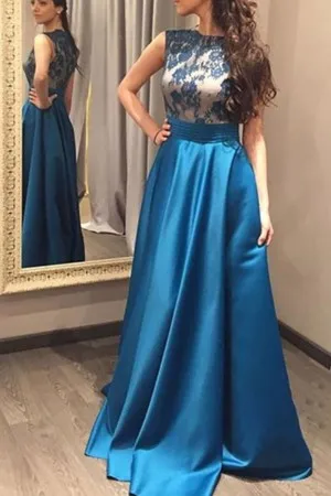 cap sleeve ocean blue lace satin long formal dress