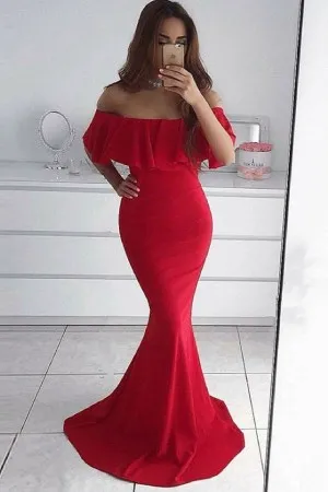 ruffled off the shoulder red slim fit formal dress