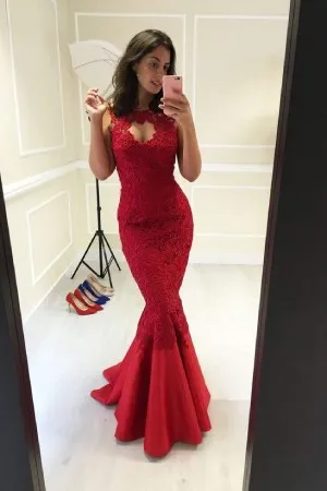 form fitting red lace satin trumpet formal dress