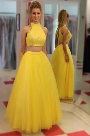 two piece yellow lace tulle puffy long prom dress