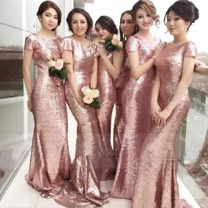 boat neck rose gold sequin long bridesmaid dresses