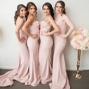 nude pink lace satin mermaid bridesmaid dresses