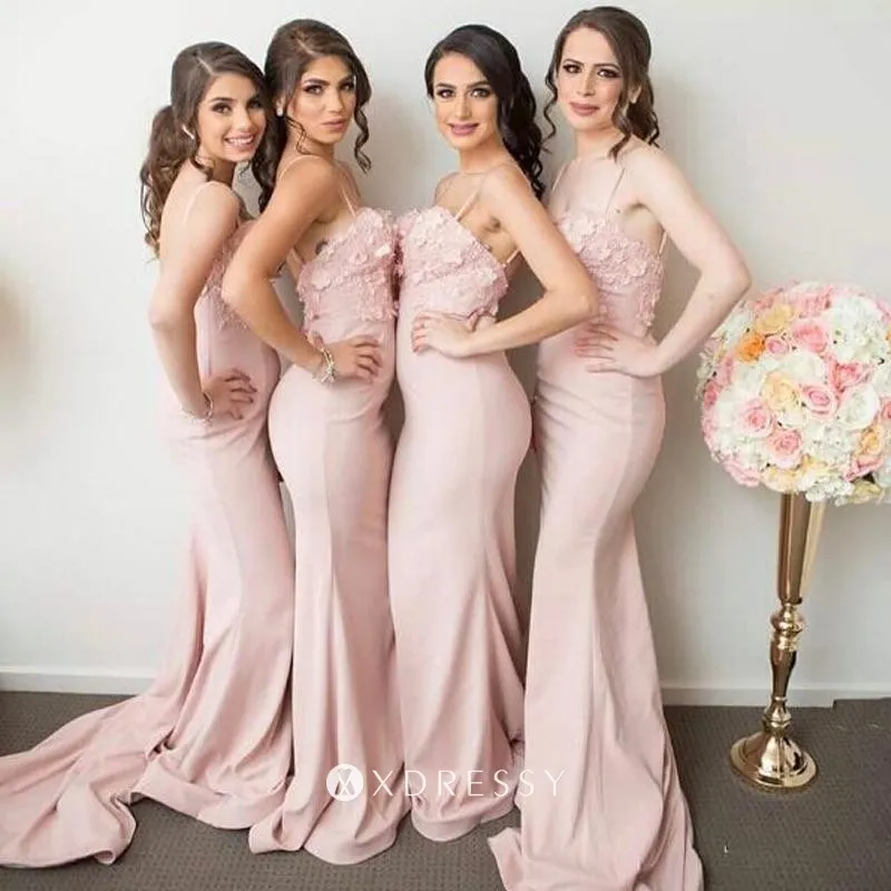 nude pink lace satin mermaid bridesmaid dresses