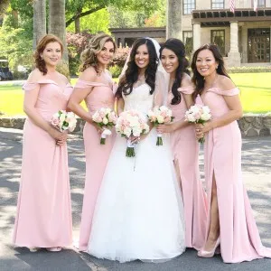 light pink off shoulder plunge bridesmaid dresses