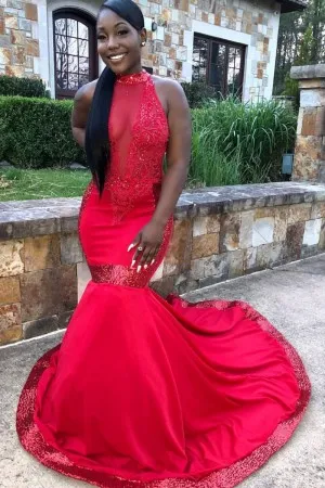 lipstick red lace satin illusion long prom dress