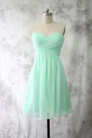 strapless pleated mint green short bridesmaid gown