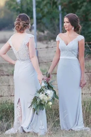 cap sleeve baby blue lace jersey bridesmaid dress