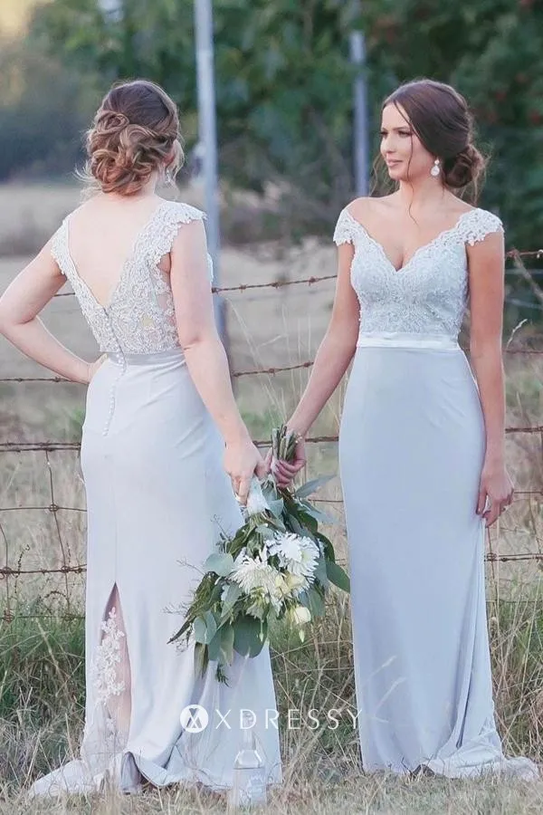cap sleeve baby blue lace jersey bridesmaid dress