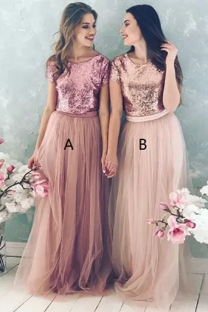 short sleeve gold sequin tulle bridesmaid dresses
