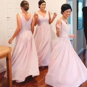 V neck pleated pink chiffon bridesmaid dresses