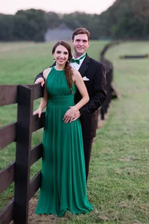 crew neck pleated green chiffon engagement dress