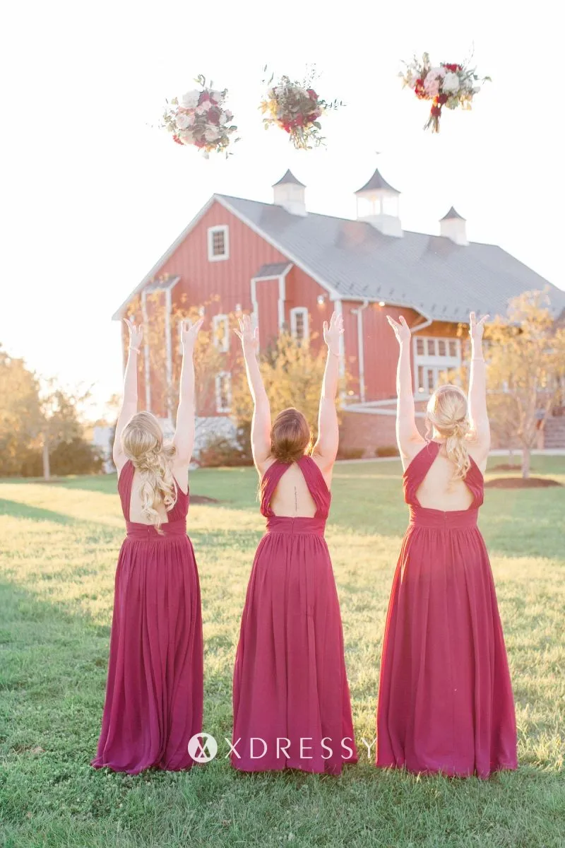 open back pleated maroon chiffon long bridesmaid dress open back pleated maroon chiffon long bridesmaid dress