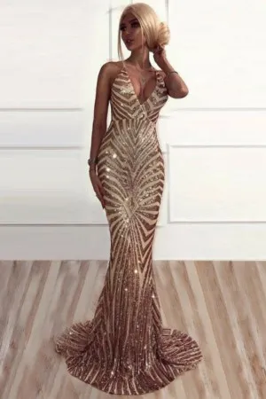 sparkly gold sequin plunging V neck backless prom dress