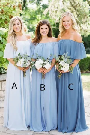 off the shoulder blue chiffon bridesmaid dresses