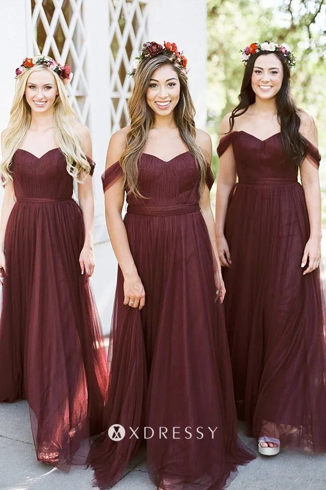 off the shoulder burgundy tulle bridesmaid dresses