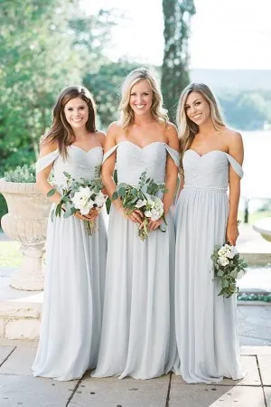 pale blue pleated chiffon long bridesmaid dresses