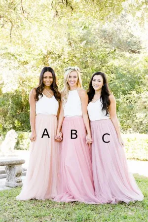 white jersey pink tulle long bridesmaid dresses