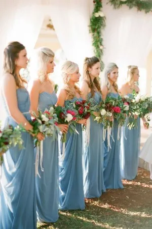 blue chiffon strapless pleated bridesmaid dresses