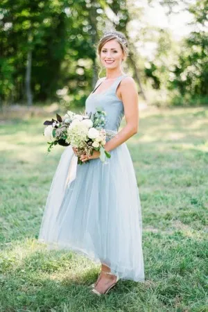 high low water blue satin tulle bridesmaid dress