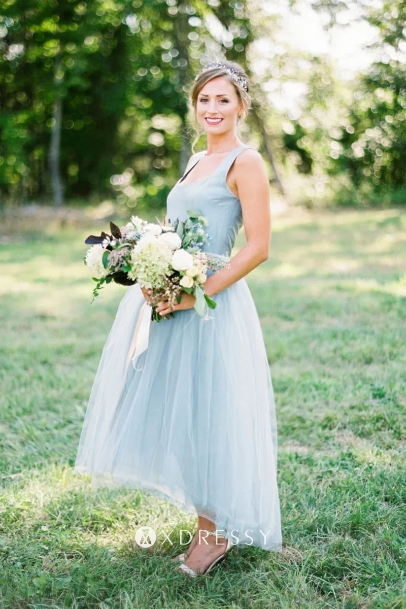 high low water blue satin tulle bridesmaid dress