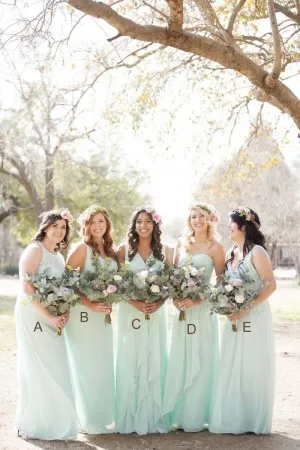 light mint ruffled chiffon long bridesmaid dresses