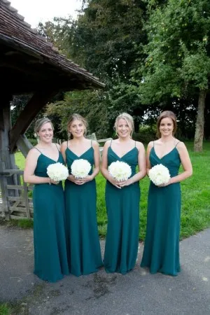 simple teal chiffon V neck long bridesmaid dresses