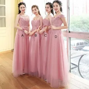 candy pink lace appliqued tulle bridesmaid dresses