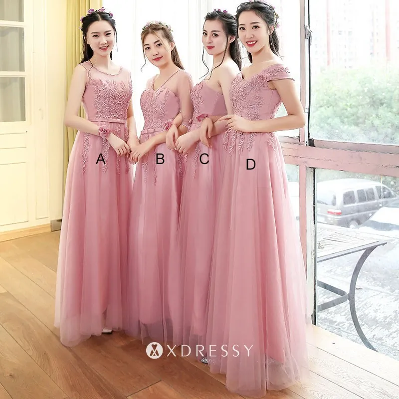 candy pink lace appliqued tulle bridesmaid dresses