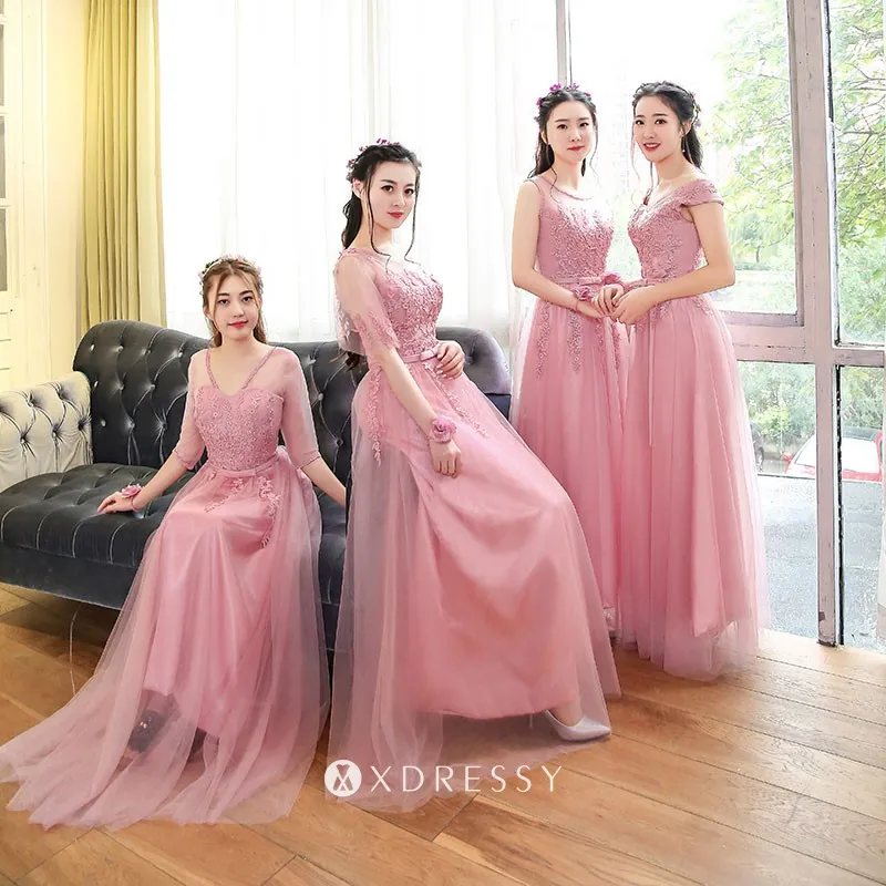 lace appliqued tulle bridesmaid dresses