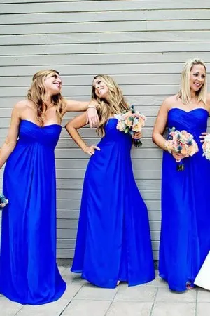 Royal blue strapless pleated bridesmaid dresses