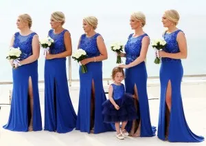 cobalt blue lace chiffon slit bridesmaid dresses