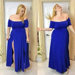 ankle length off shoulder plus size blue prom gown