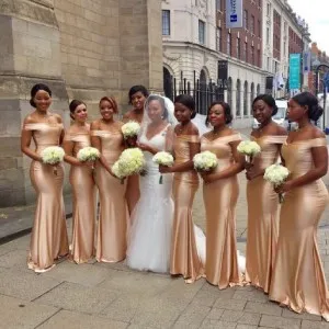 off the shoulder gold slim fit bridesmaid dresses