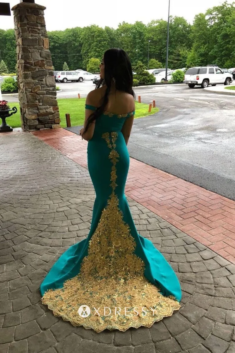 gold lace appliqued blue mermaid prom gown with long train gold lace appliqued blue mermaid prom gown with long train