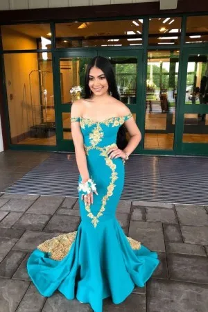 gold lace appliqued blue spandex mermaid prom gown